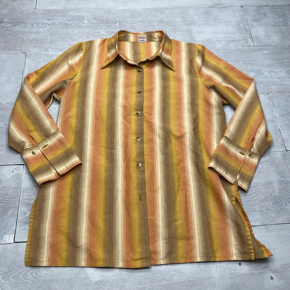 Frances Panda Shirt Womens L Orange Brown Striped Long Sleeve Button Up Egypt